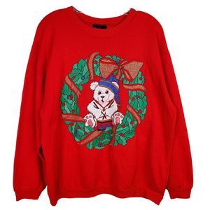 Vtg Andover Teddy Bear Drummer Studded Holly Wreath Red Sweatshirt Sz L